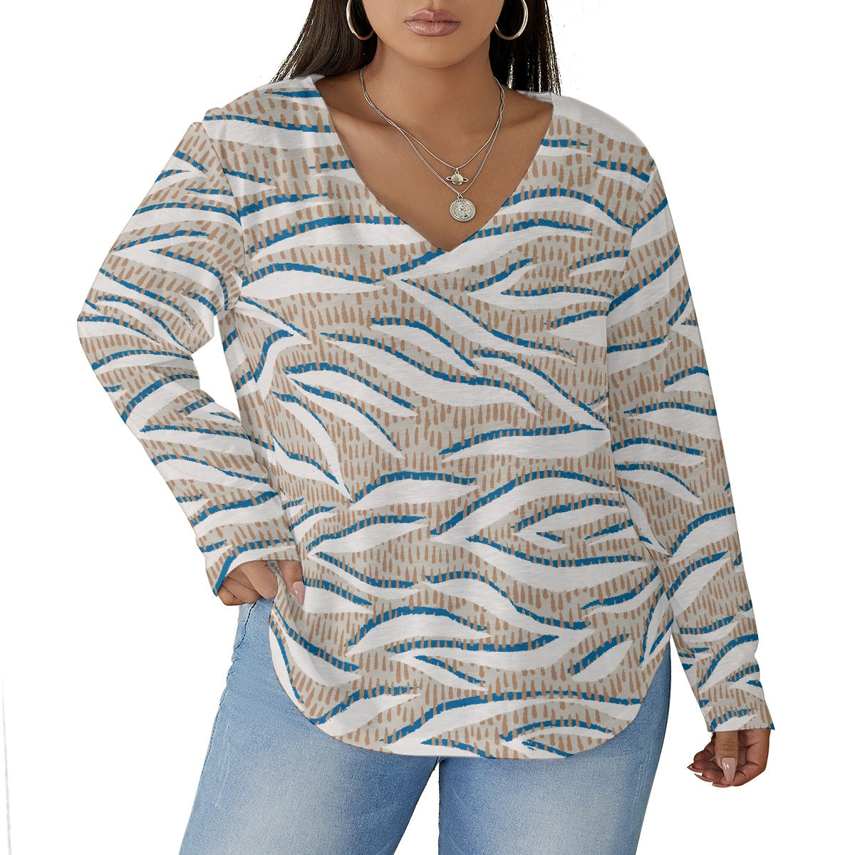 All-Over Print Women's V-neck T-shirt With Curved Hem(Plus Size)