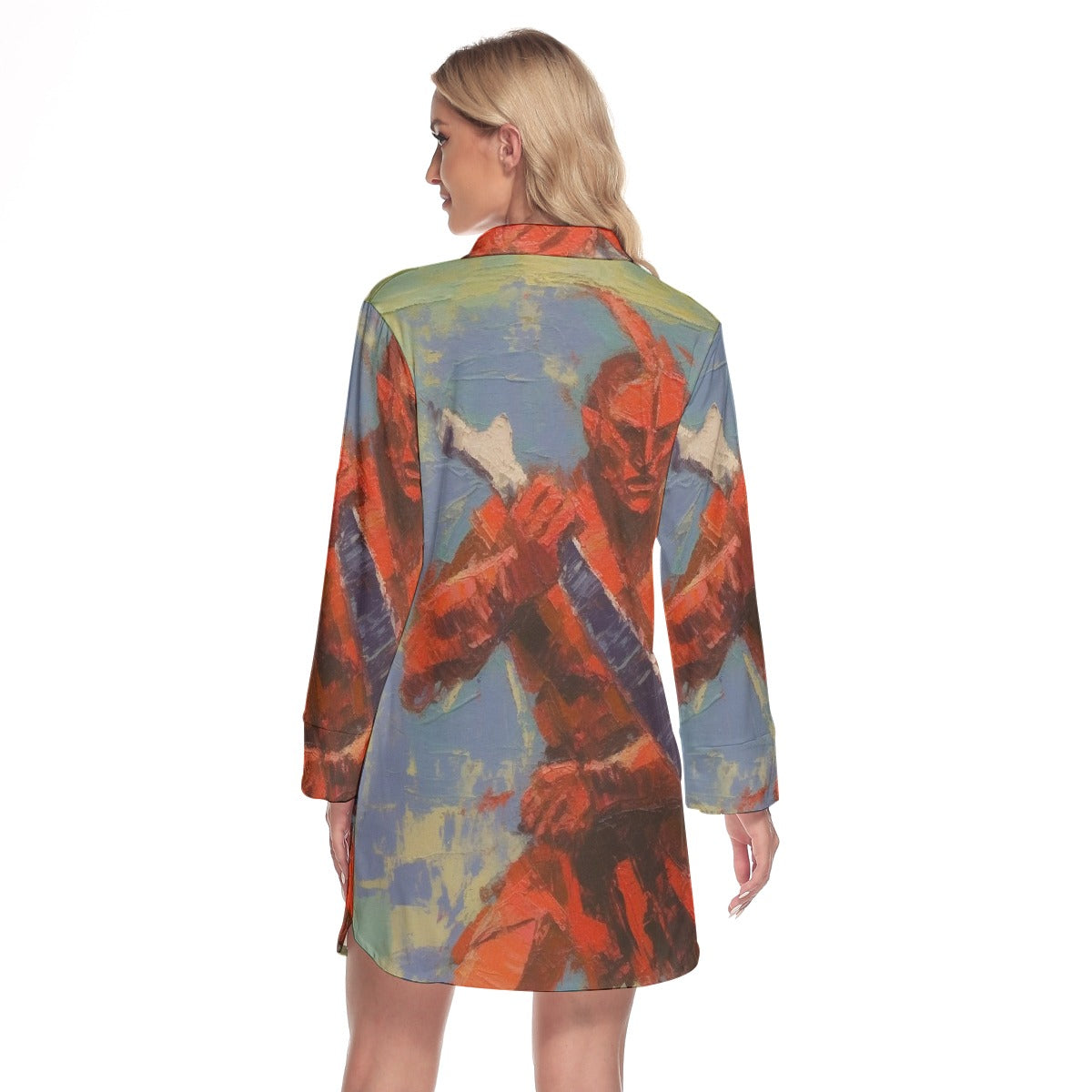 All-Over Print Women's Lapel Shirt Dress With Long Sleeve