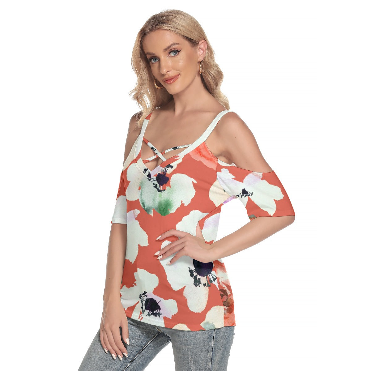 All-Over Print Women's Cold Shoulder T-shirt With Criss Cross Strips