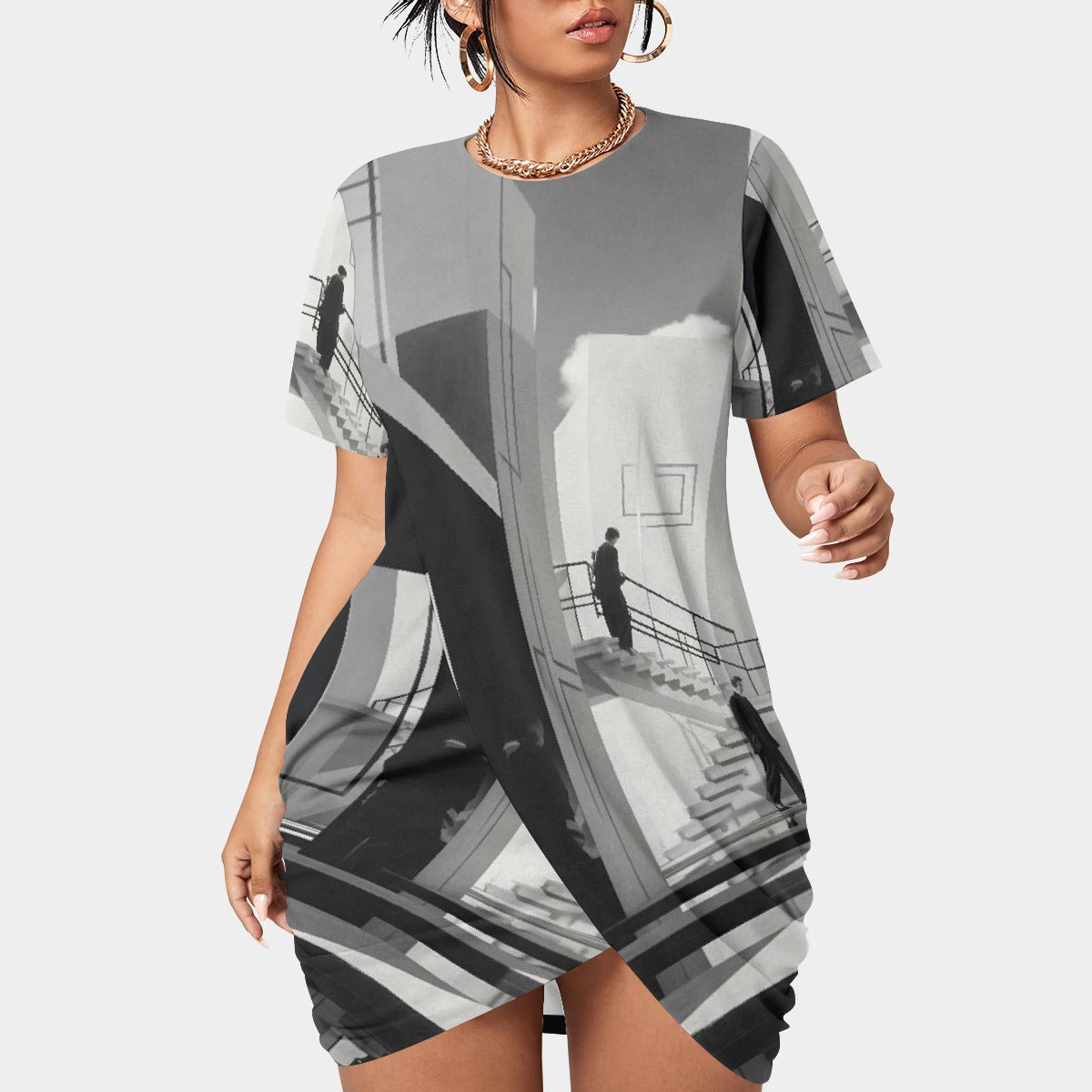 All-Over Print Women’s Stacked Hem Dress With Short Sleeve（Plus Size）