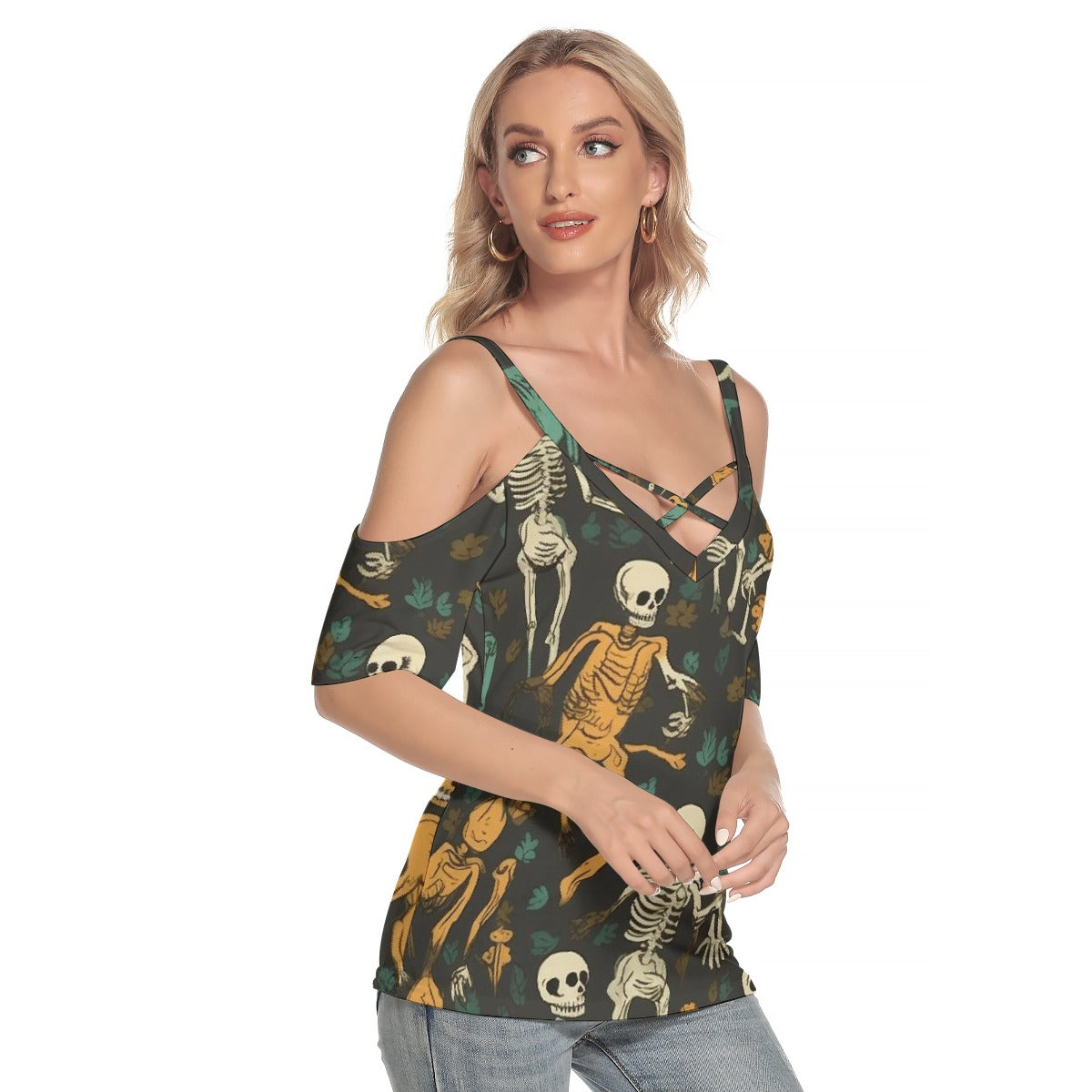 All-Over Print Women's Cold Shoulder T-shirt With Criss Cross Strips