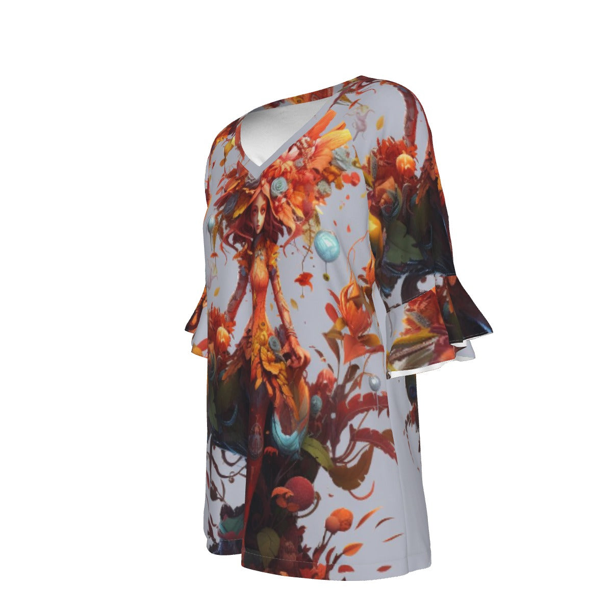 All-Over Print V-neck Women's T-shirt With Bell Sleeve