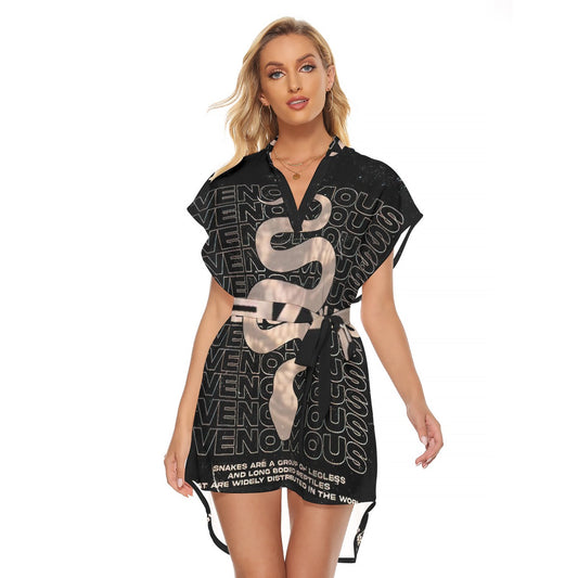 All-Over Print Women's Stand-up Collar Casual Dress With Belt