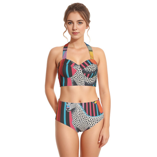 All-Over Print Women's Swimsuit Set With Halter