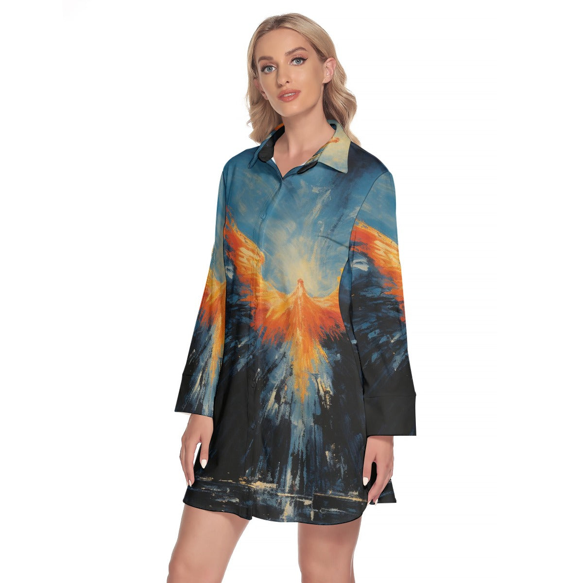 All-Over Print Women's Lapel Shirt Dress With Long Sleeve