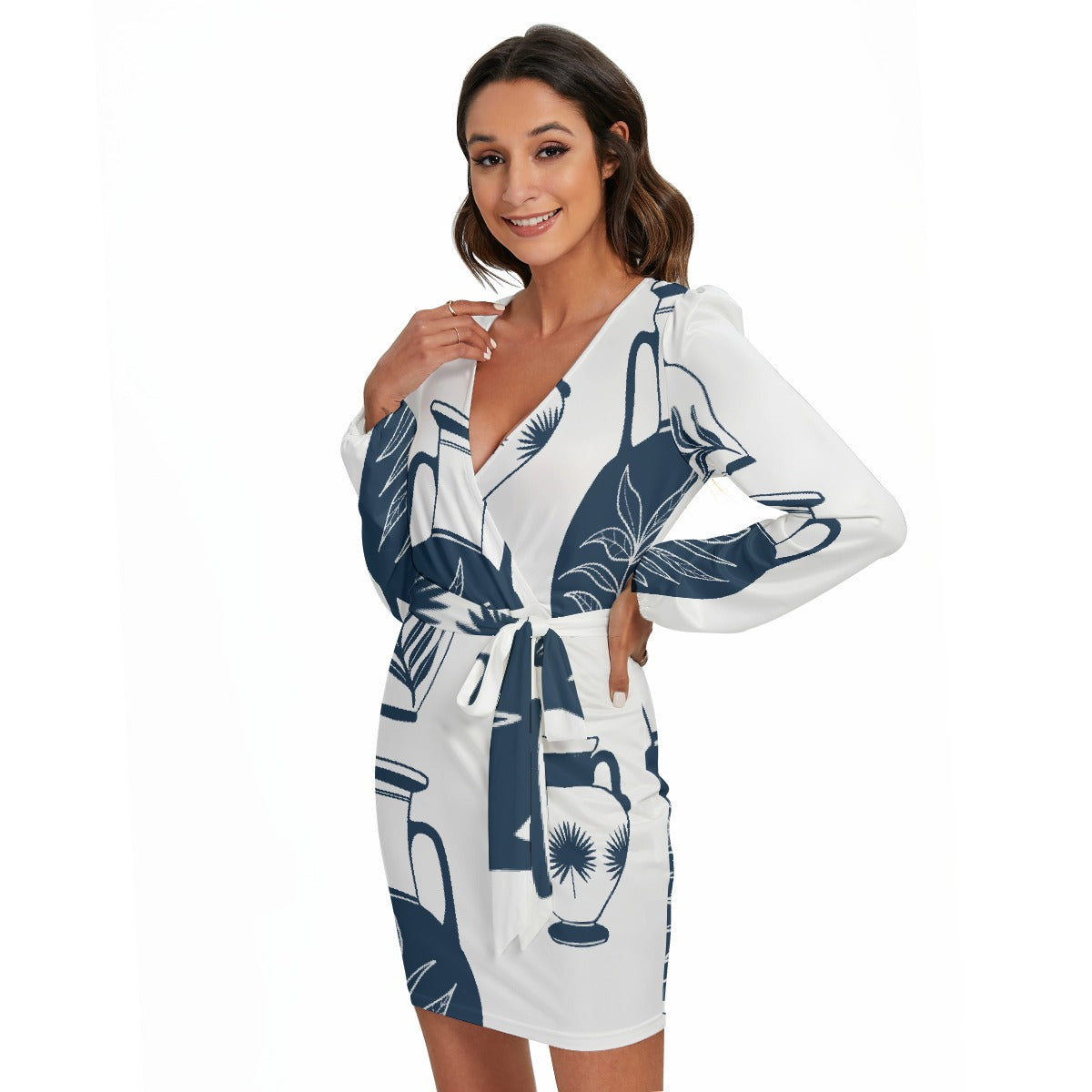 All-Over Print Women's Long Sleeve Dress With Waist Belt