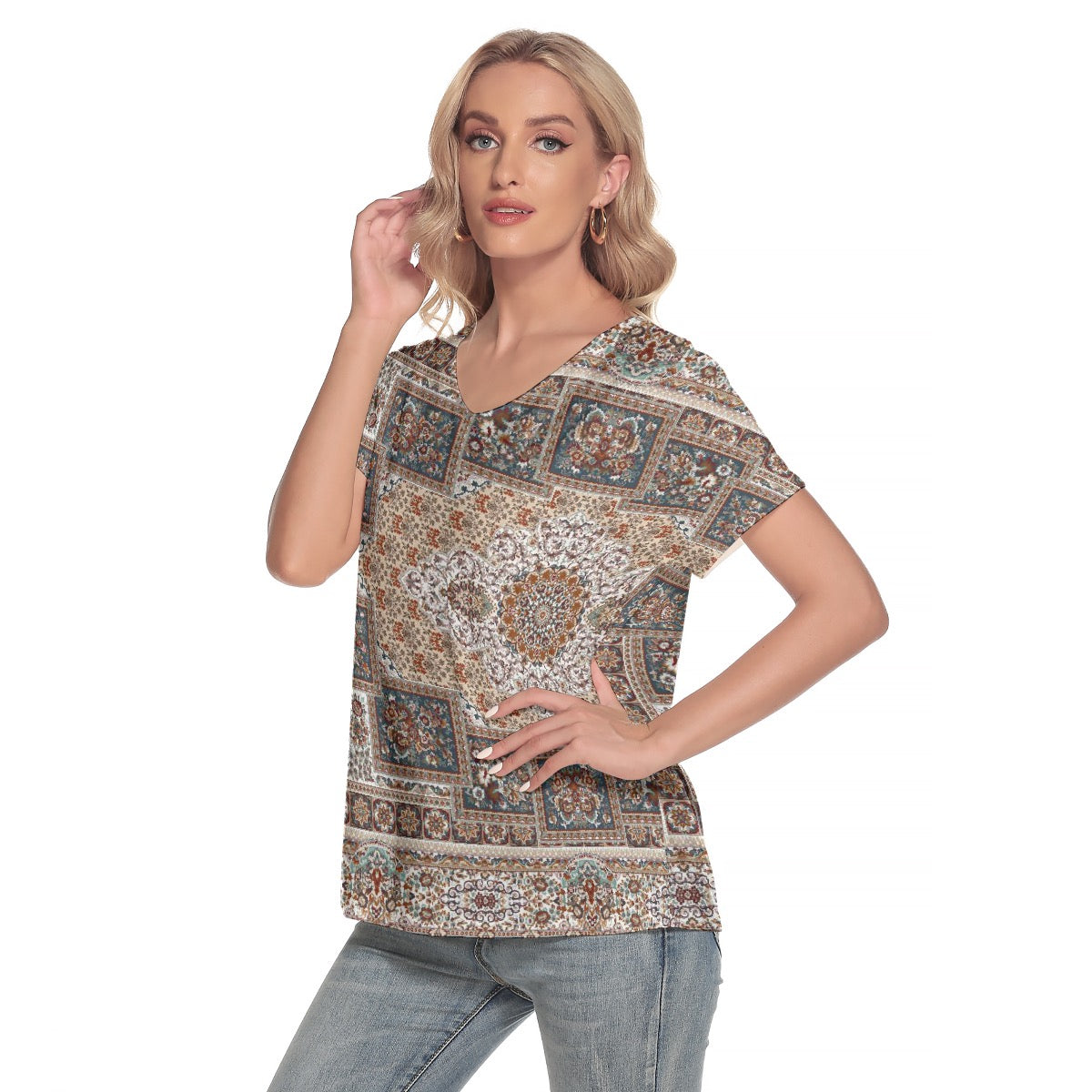 All-Over Print Women's Loose V-neck Short Sleeve T-shirt