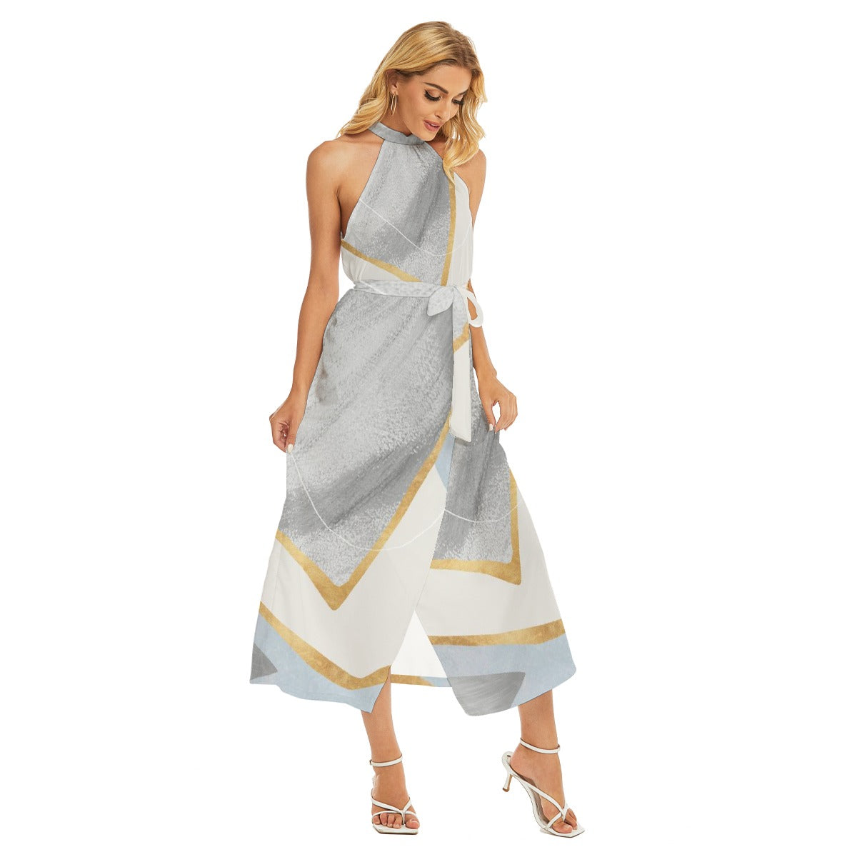 All-Over Print Women's Wrap Hem Belted Halter Dress