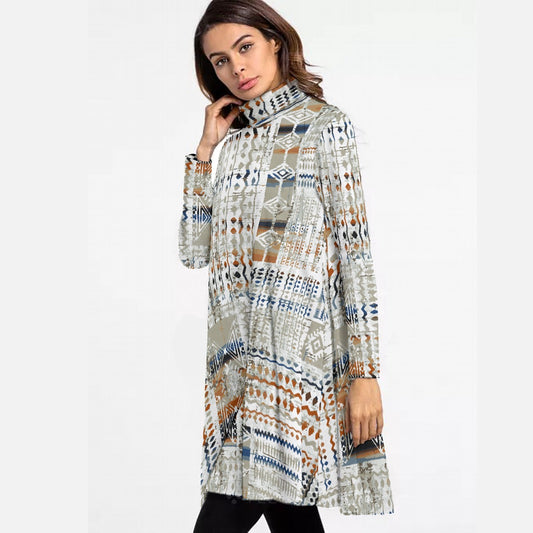 All-Over Print Women's High Neck Dress With Long Sleeve