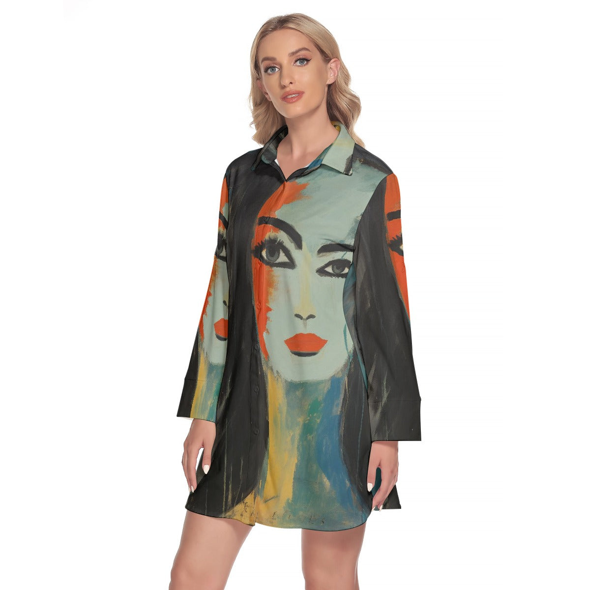 All-Over Print Women's Lapel Shirt Dress With Long Sleeve