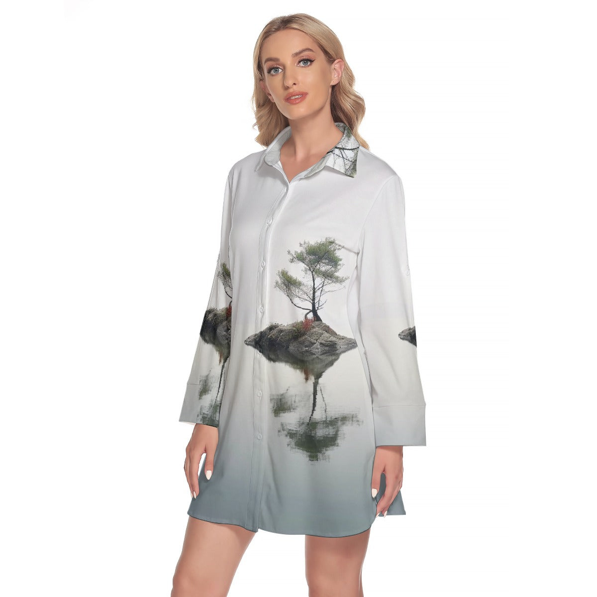 All-Over Print Women's Lapel Shirt Dress With Long Sleeve