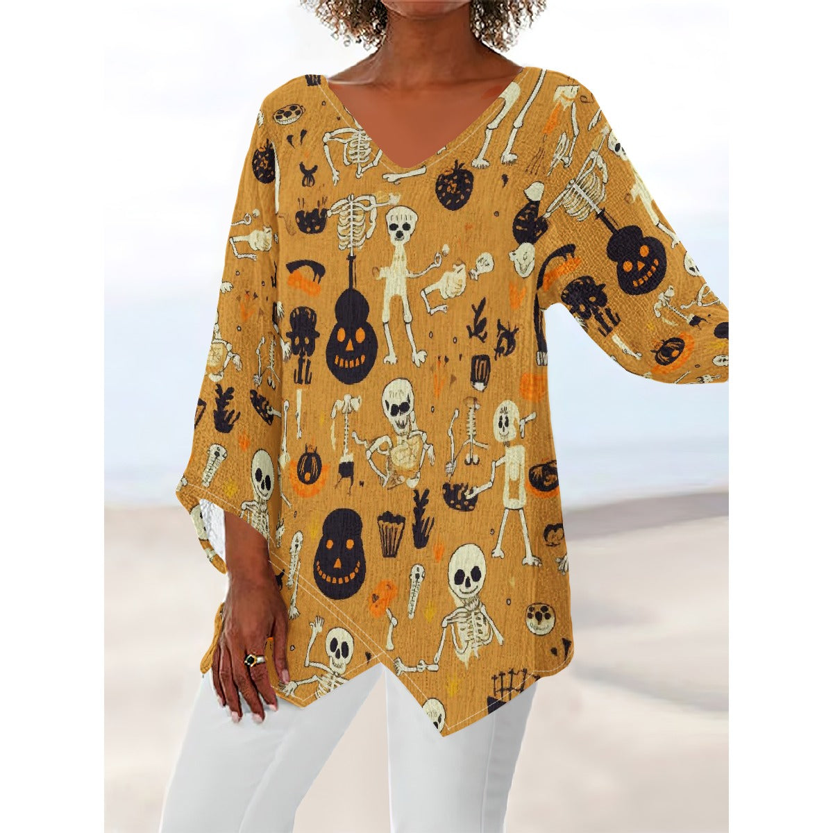 All-Over Print Women's V-neck T-shirt With Irregular Hem