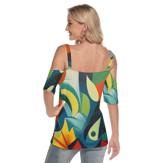 All-Over Print Women's Cold Shoulder T-shirt With Criss Cross Strips