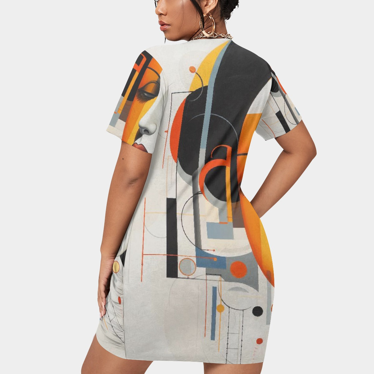 All-Over Print Women’s Stacked Hem Dress With Short Sleeve（Plus Size）