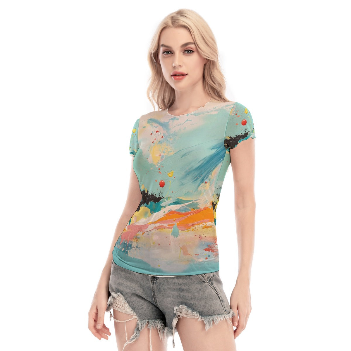 All-Over Print Women's Short Sleeve Mesh Blouse