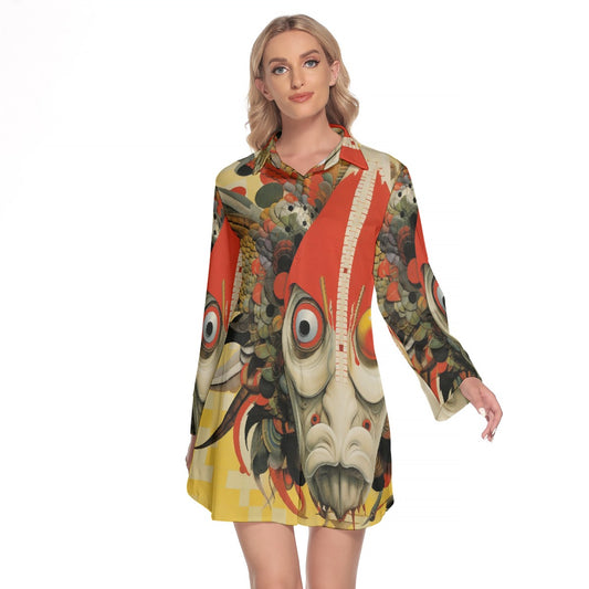 All-Over Print Women's Lapel Shirt Dress With Long Sleeve