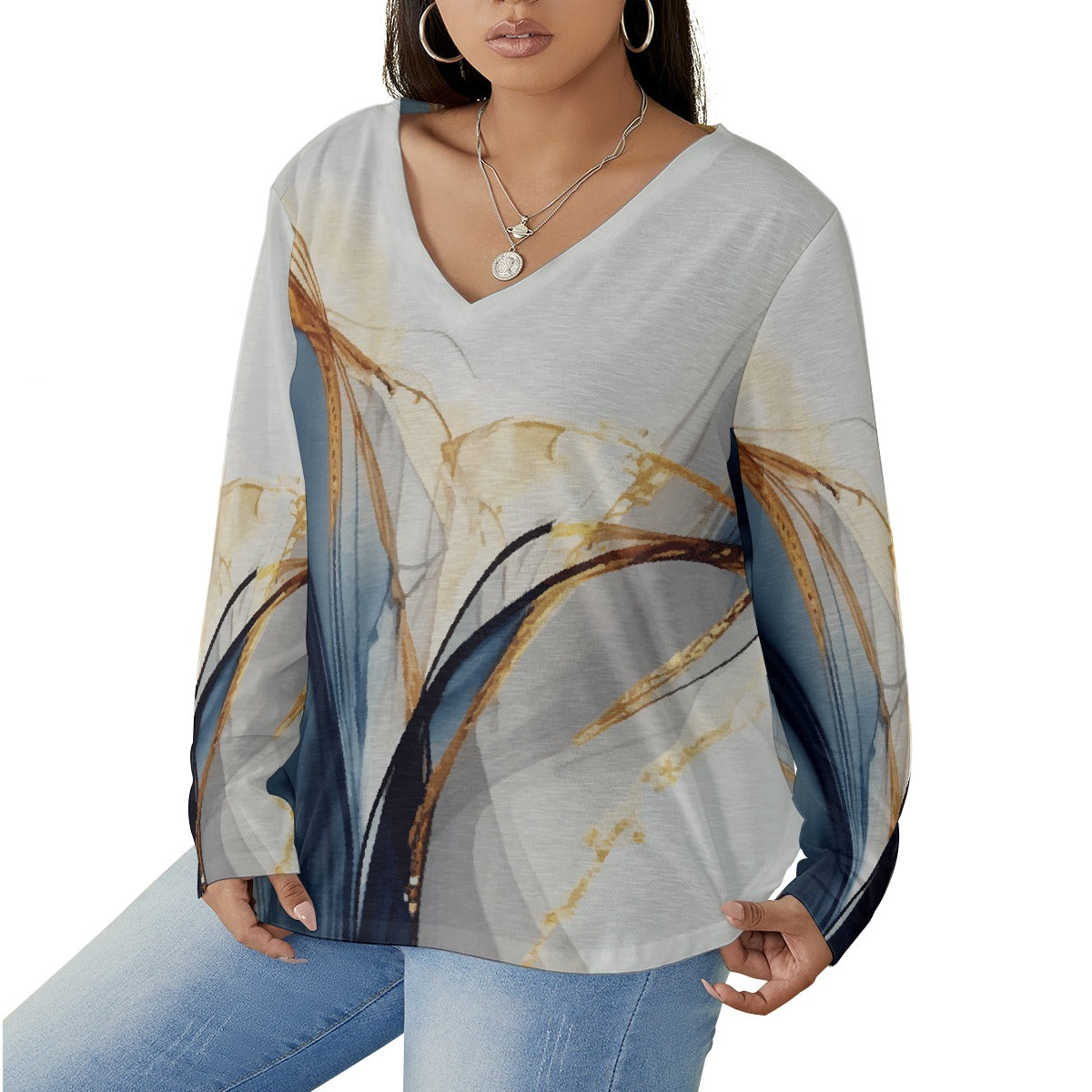 All-Over Print Women's V-neck T-shirt With Curved Hem(Plus Size)