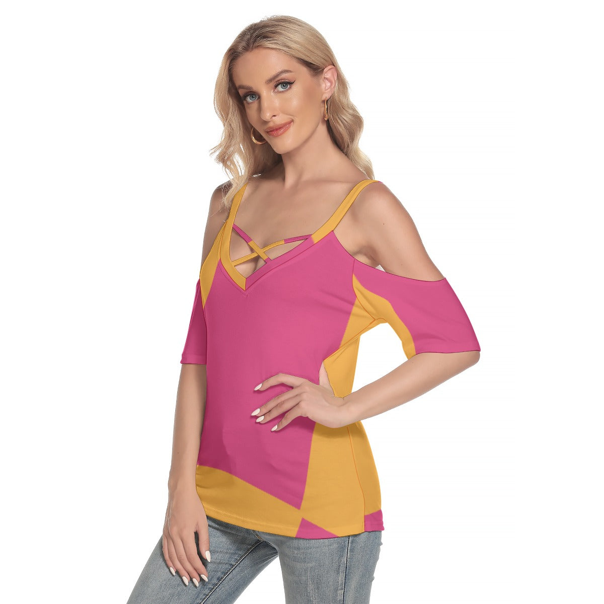 All-Over Print Women's Cold Shoulder T-shirt With Criss Cross Strips