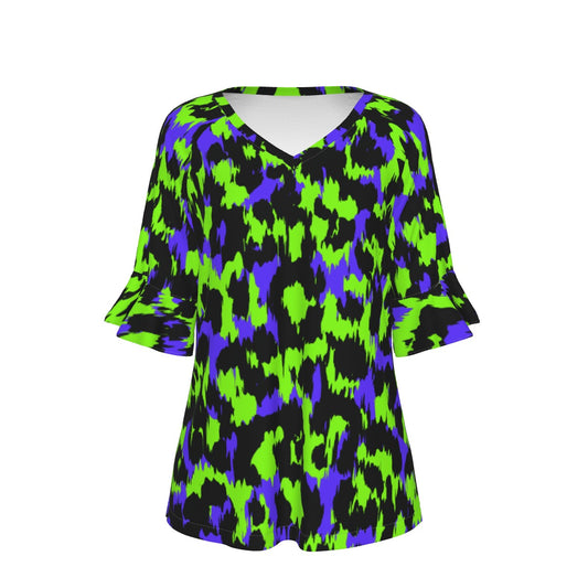 All-Over Print V-neck Women's T-shirt With Bell Sleeve