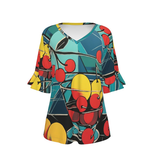 All-Over Print V-neck Women's T-shirt With Bell Sleeve