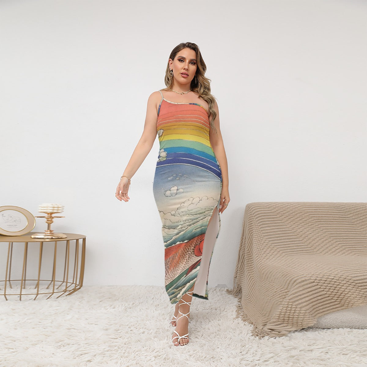 All-Over Print Women's Oblique-Shoulder Exposure Dress With Side Split (Plus Size)