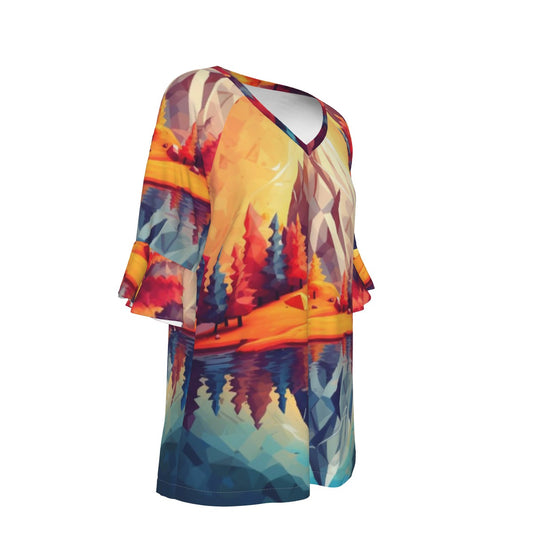 All-Over Print V-neck Women's T-shirt With Bell Sleeve