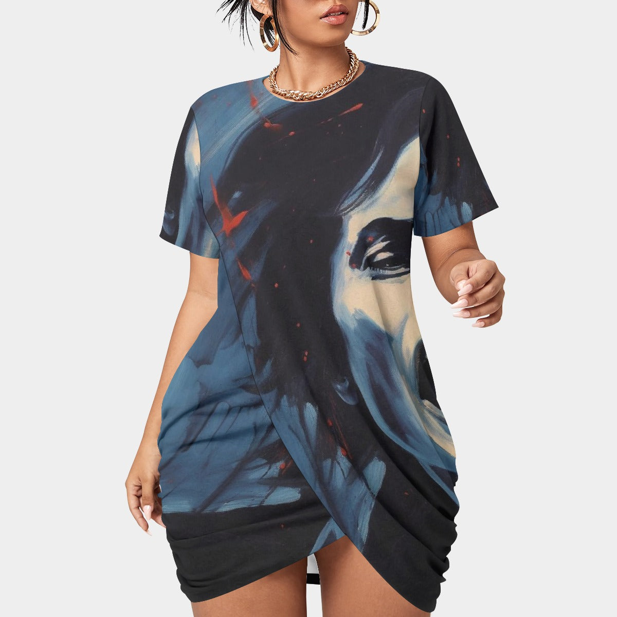 All-Over Print Women’s Stacked Hem Dress With Short Sleeve（Plus Size）