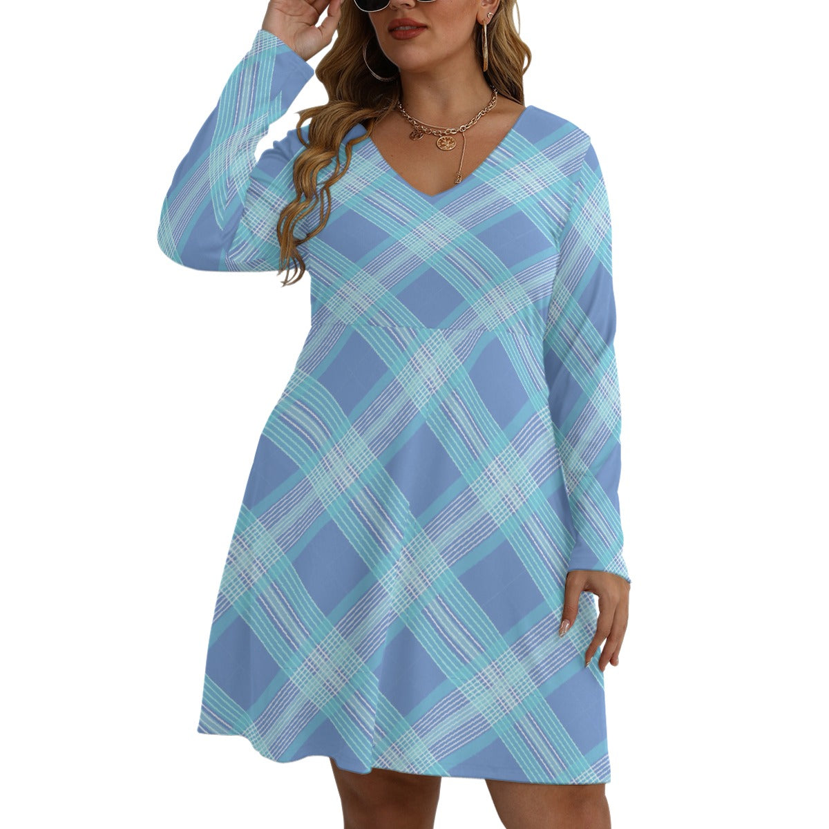 All-Over Print Women's V-neck Long Sleeve Dress(Plus Size)