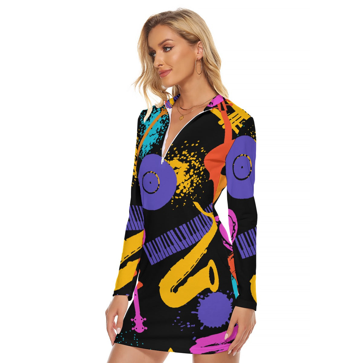 All-Over Print Women's Zip Front Tight Dress