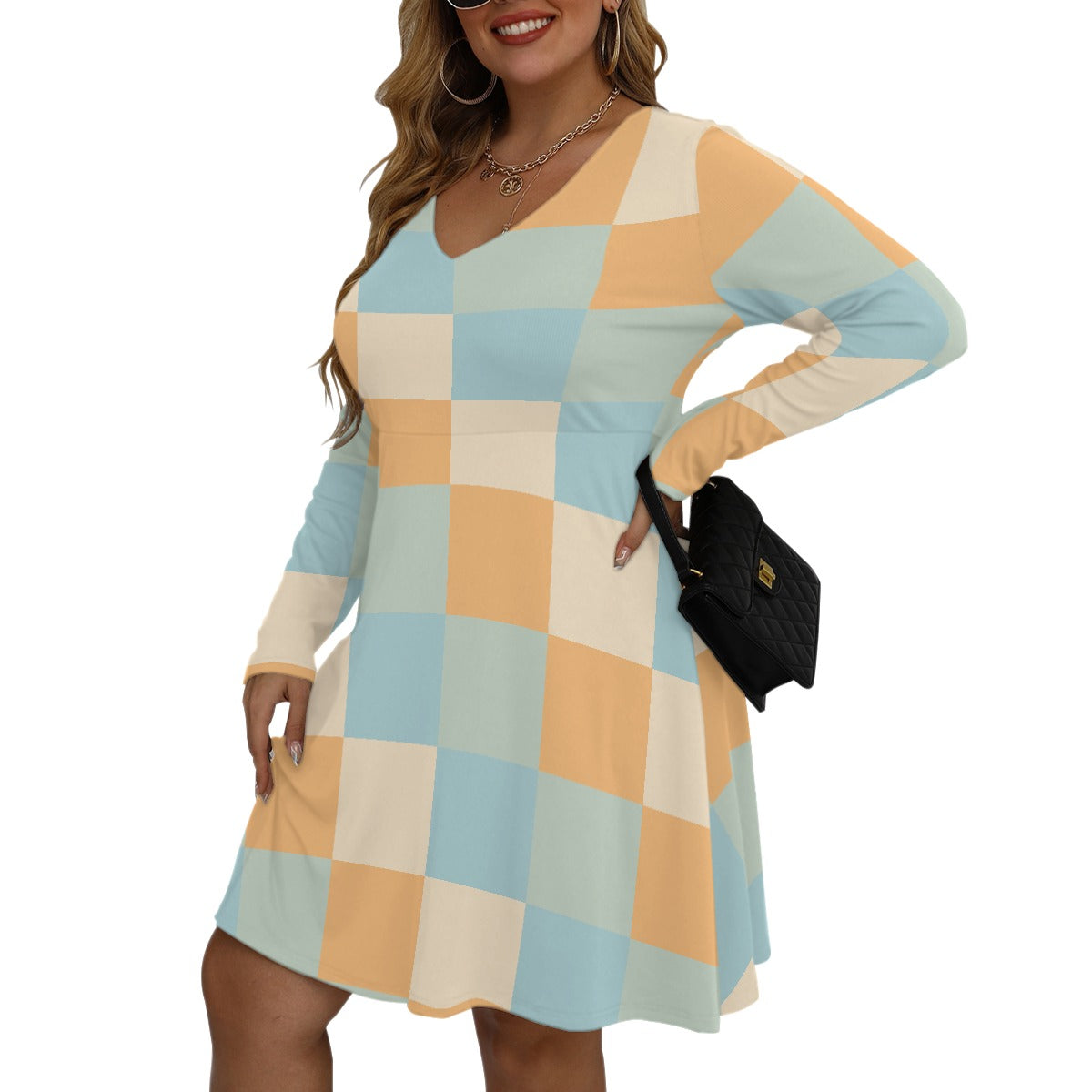 All-Over Print Women's V-neck Long Sleeve Dress(Plus Size)