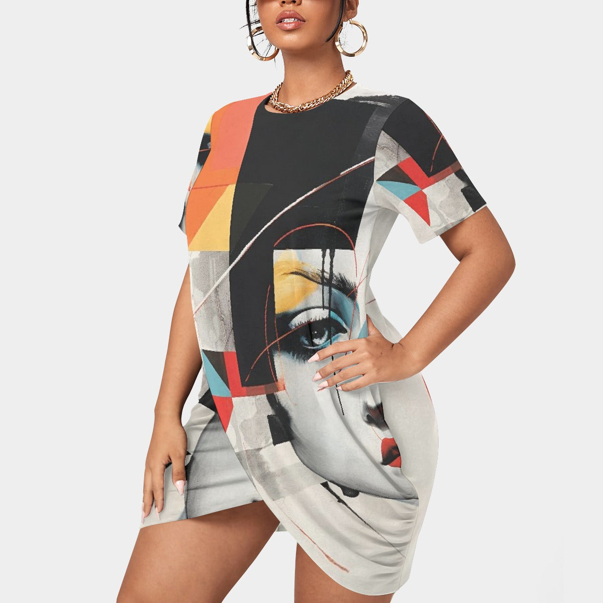 All-Over Print Women’s Stacked Hem Dress With Short Sleeve（Plus Size）