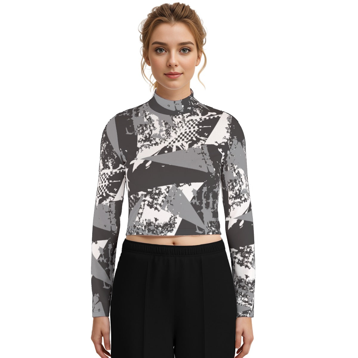 Eco-Friendly All-Over Print Women's Turtleneck T-shirt With Long Sleeve