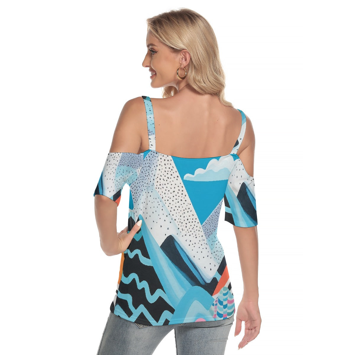 All-Over Print Women's Cold Shoulder T-shirt With Criss Cross Strips