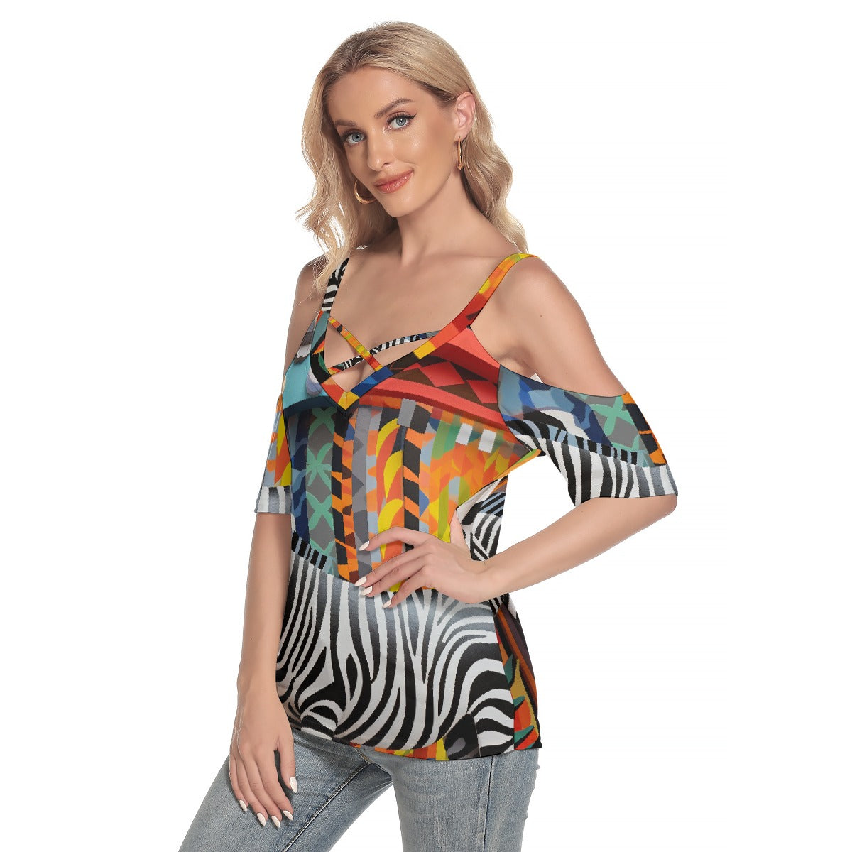 All-Over Print Women's Cold Shoulder T-shirt With Criss Cross Strips