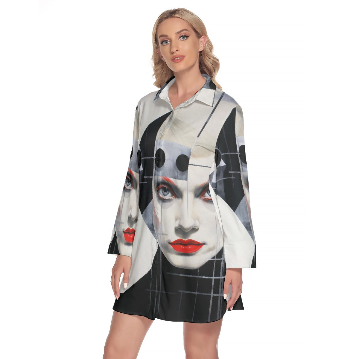 All-Over Print Women's Lapel Shirt Dress With Long Sleeve