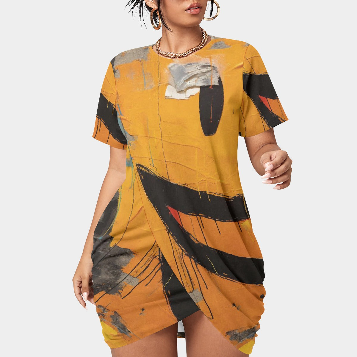 All-Over Print Women’s Stacked Hem Dress With Short Sleeve（Plus Size）