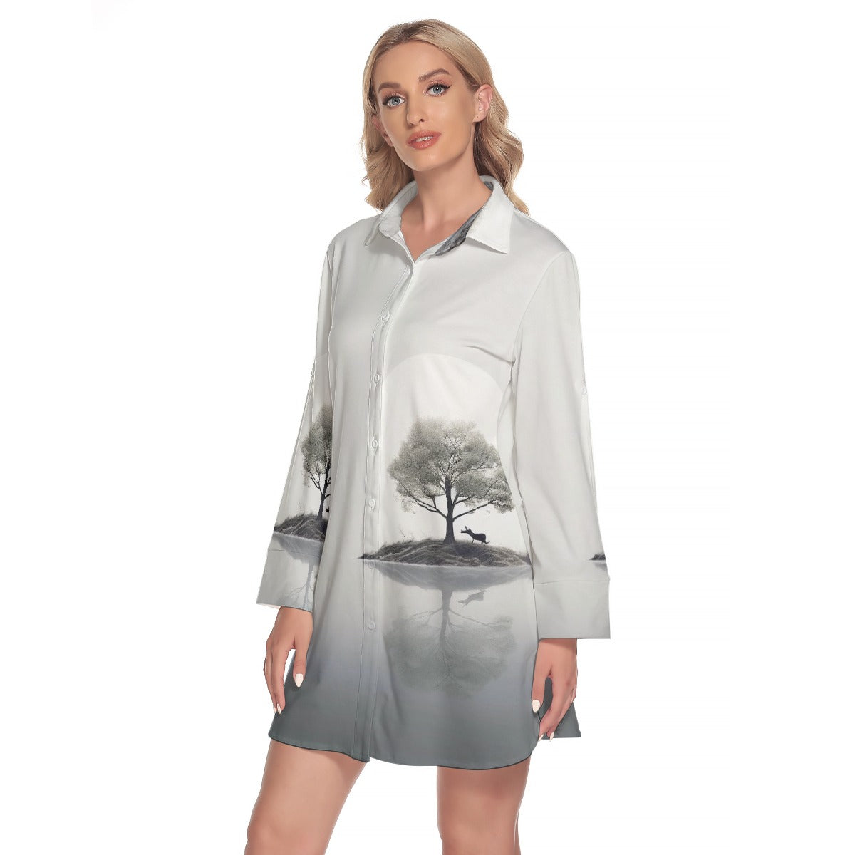 All-Over Print Women's Lapel Shirt Dress With Long Sleeve