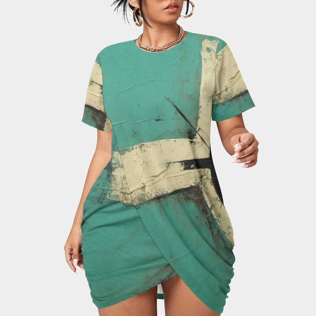 All-Over Print Women’s Stacked Hem Dress With Short Sleeve（Plus Size）