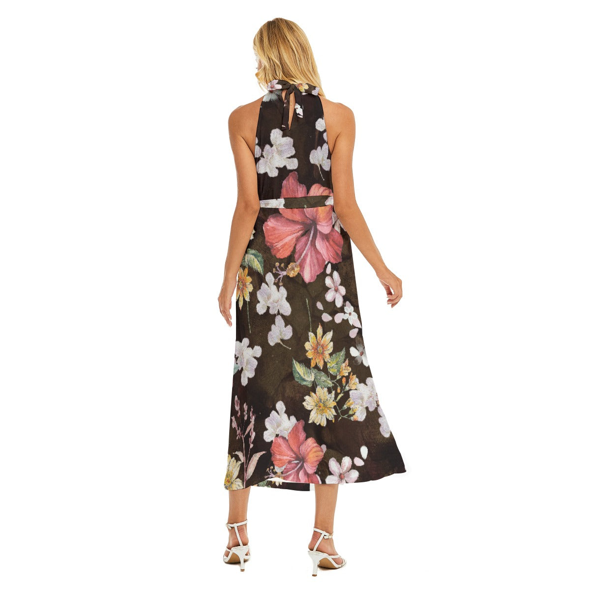 All-Over Print Women's Wrap Hem Belted Halter Dress