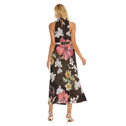 All-Over Print Women's Wrap Hem Belted Halter Dress