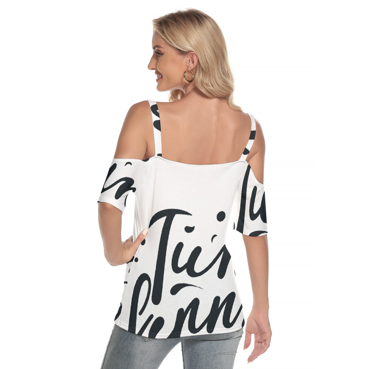 All-Over Print Women's Cold Shoulder T-shirt With Criss Cross Strips