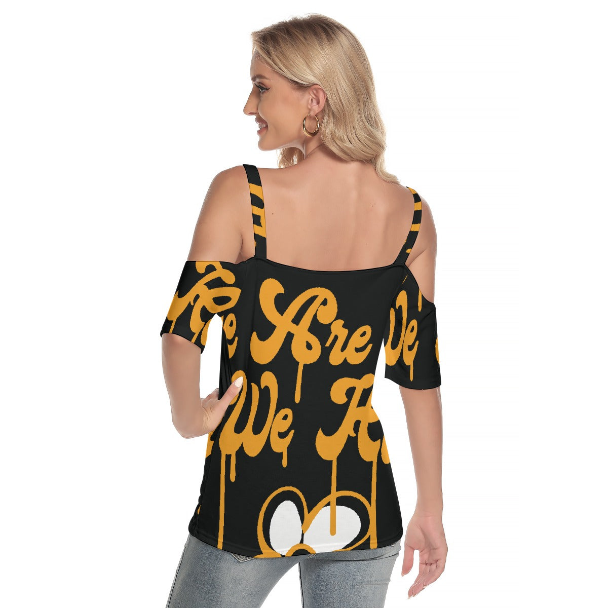 All-Over Print Women's Cold Shoulder T-shirt With Criss Cross Strips