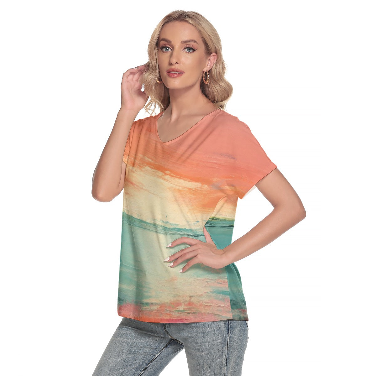 All-Over Print Women's Loose V-neck Short Sleeve T-shirt