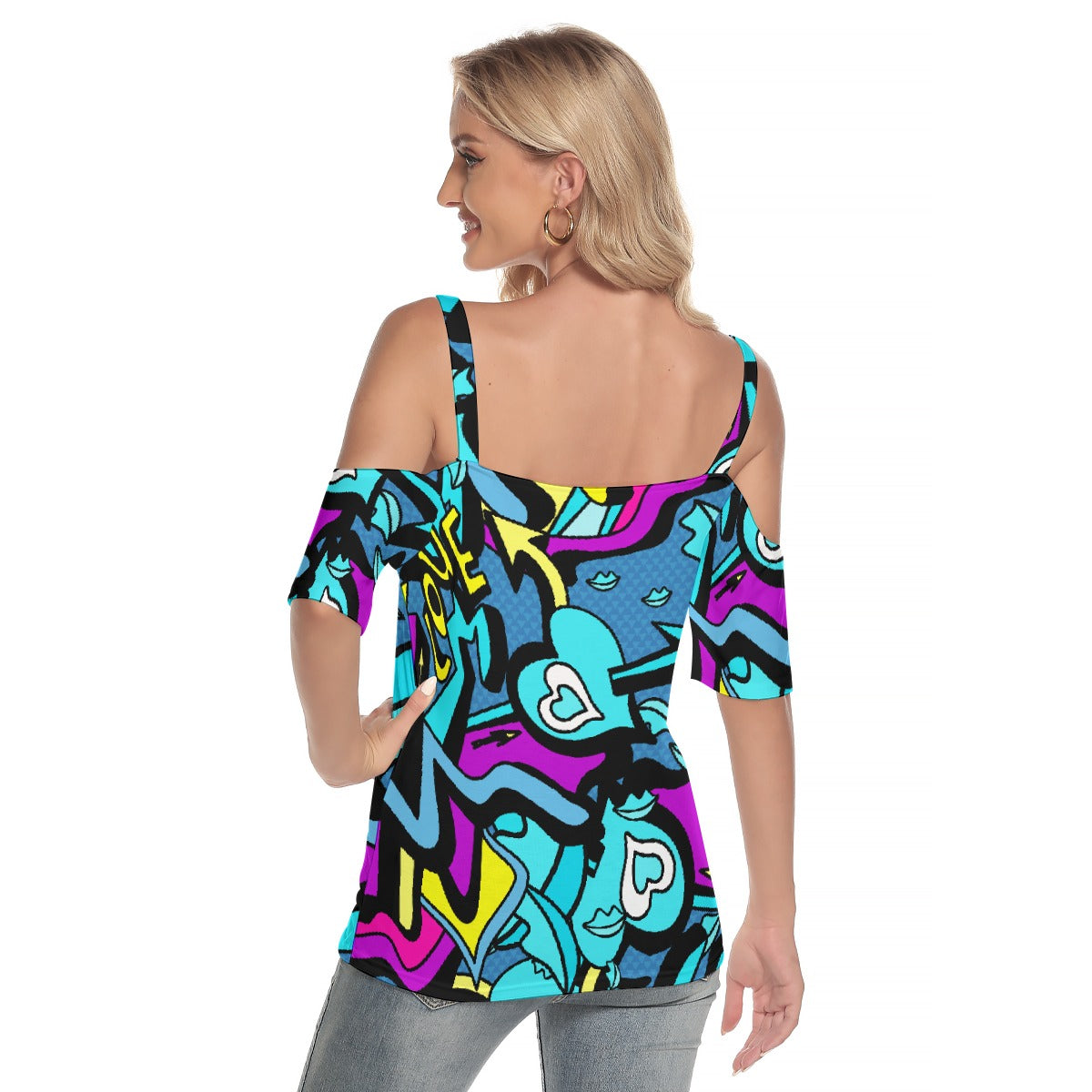 All-Over Print Women's Cold Shoulder T-shirt With Criss Cross Strips