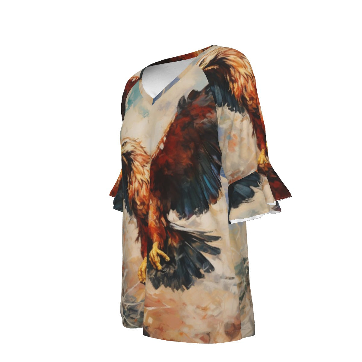 All-Over Print V-neck Women's T-shirt With Bell Sleeve