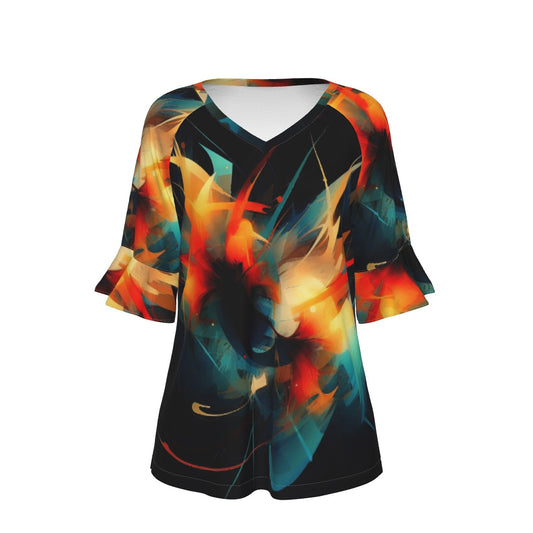 All-Over Print V-neck Women's T-shirt With Bell Sleeve