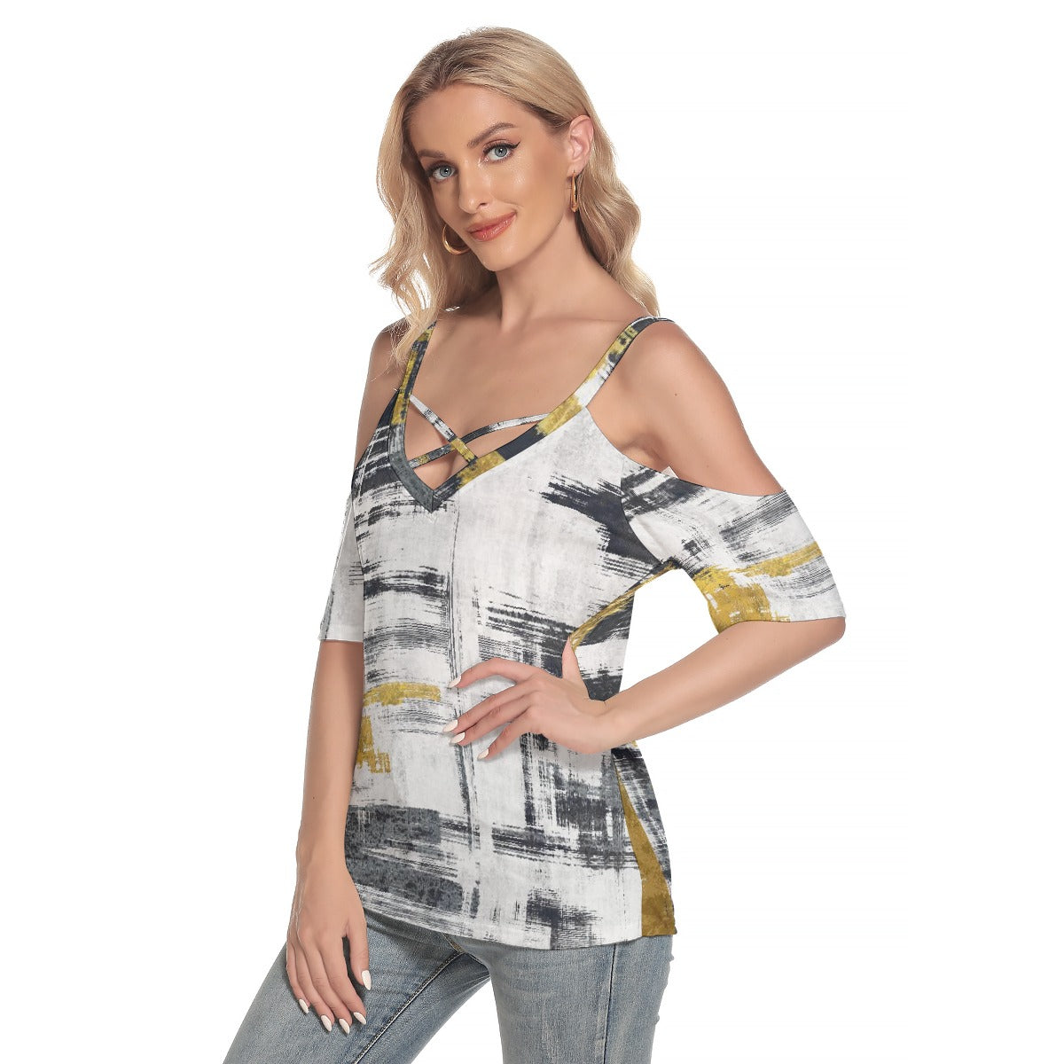 All-Over Print Women's Cold Shoulder T-shirt With Criss Cross Strips