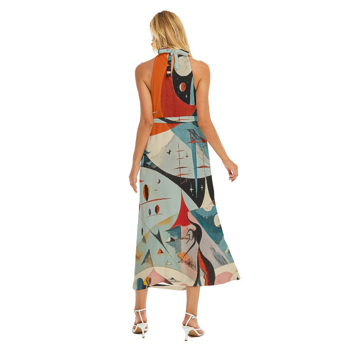 All-Over Print Women's Wrap Hem Belted Halter Dress