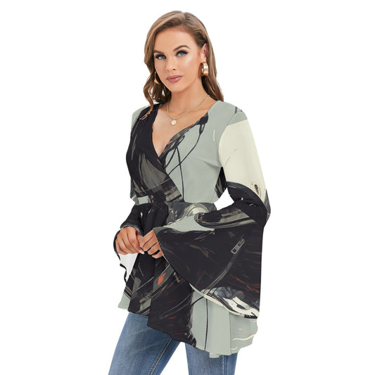 All-Over Print Women's V-neck Blouse With Flared Sleeves