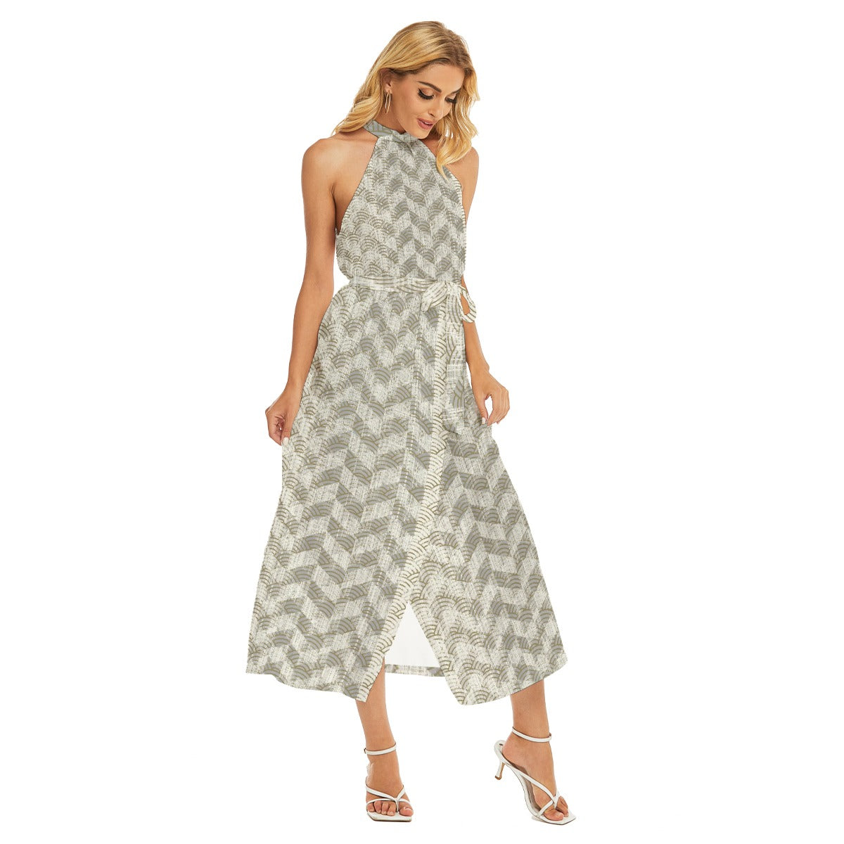 All-Over Print Women's Wrap Hem Belted Halter Dress